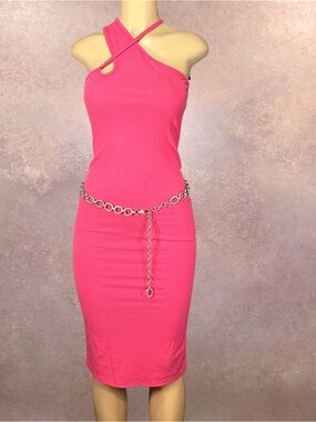 Caution to the Wind Pink Ribbed Halter Bodycon Midi Dress Small NWT